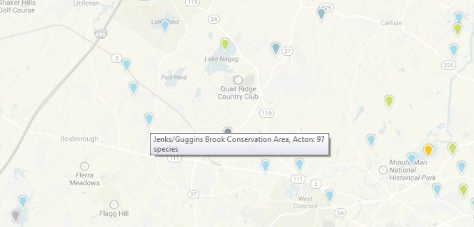 eBird Hotspots in and near Boxborough, Mass. (click for larger view)