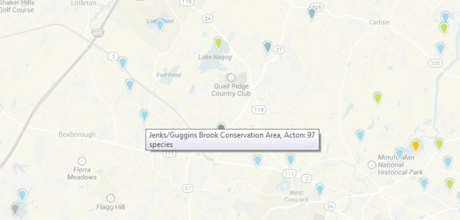 eBird Hotspots in and near Boxborough, Mass. (click for larger view)